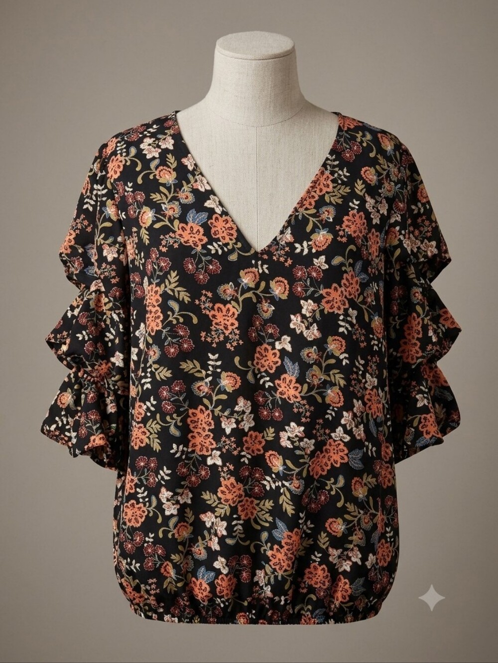 Vince Camuto Black Floral V-Neck Ruffle Sleeve Blouse, Size 1X